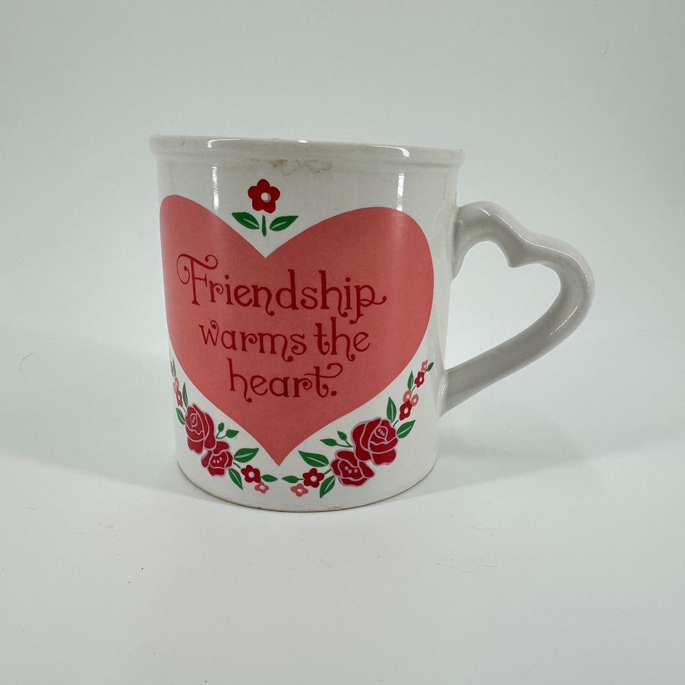 Vintage Friendship Warms The Heart Ceramic Mug with Heart Shaped Handle Roses